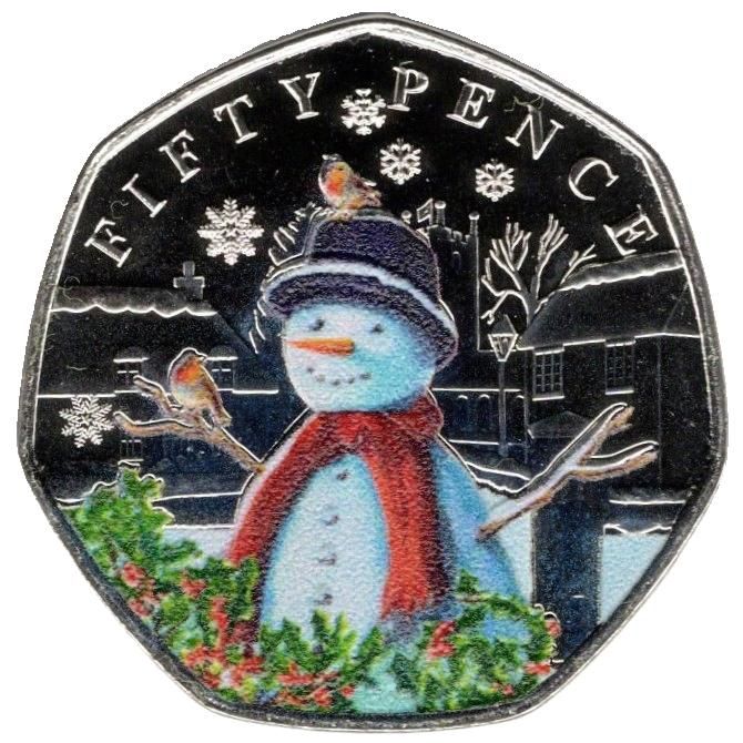 Guernsey 50 Pence - Charles III Christmas Snowmen - Robins; Colour reverse