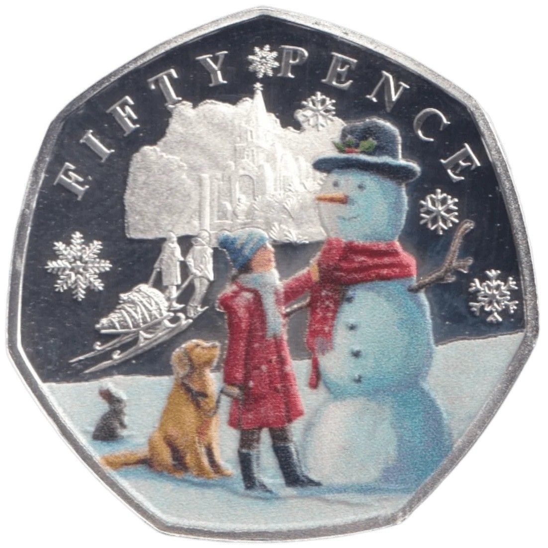 Guernsey 50 Pence - Charles III Christmas Snowmen - Girl and Dog; Silver Proof Coloured reverse