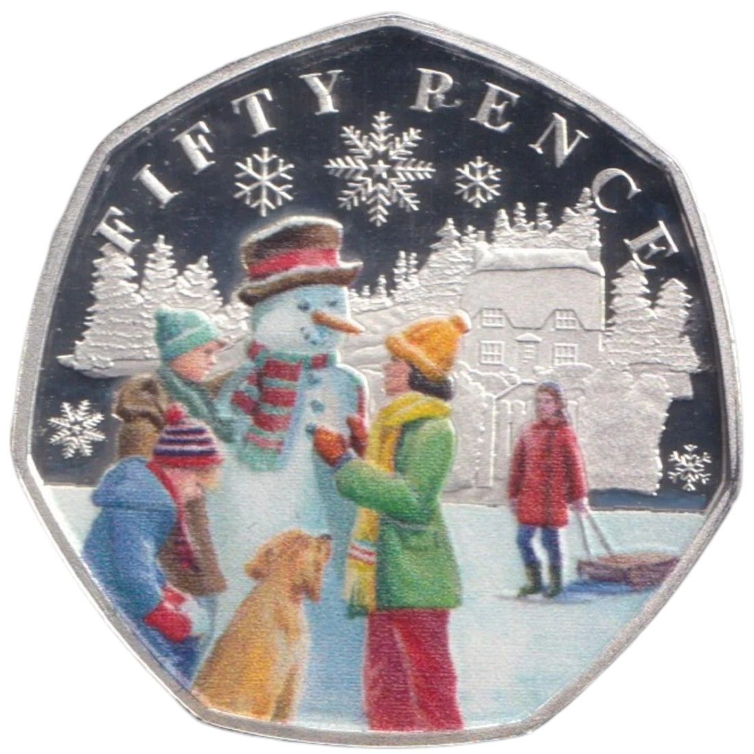 Guernsey 50 Pence - Charles III Christmas Snowmen - Children; Silver Proof Coloured reverse