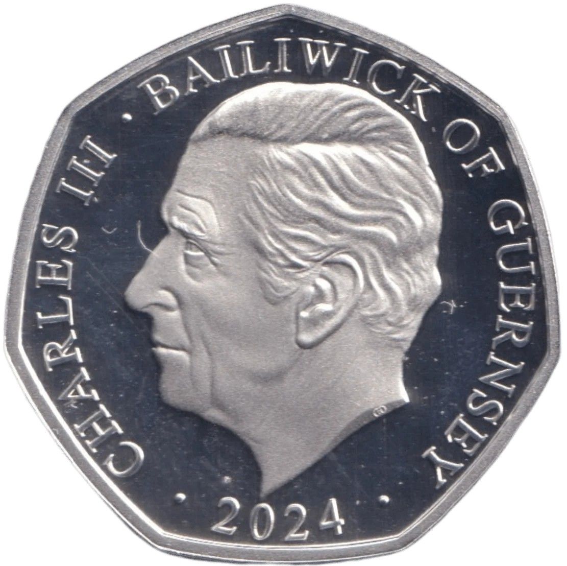 Guernsey 50 Pence - Charles III Christmas Snowmen - Father Christmas; Silver Proof Coloured obverse