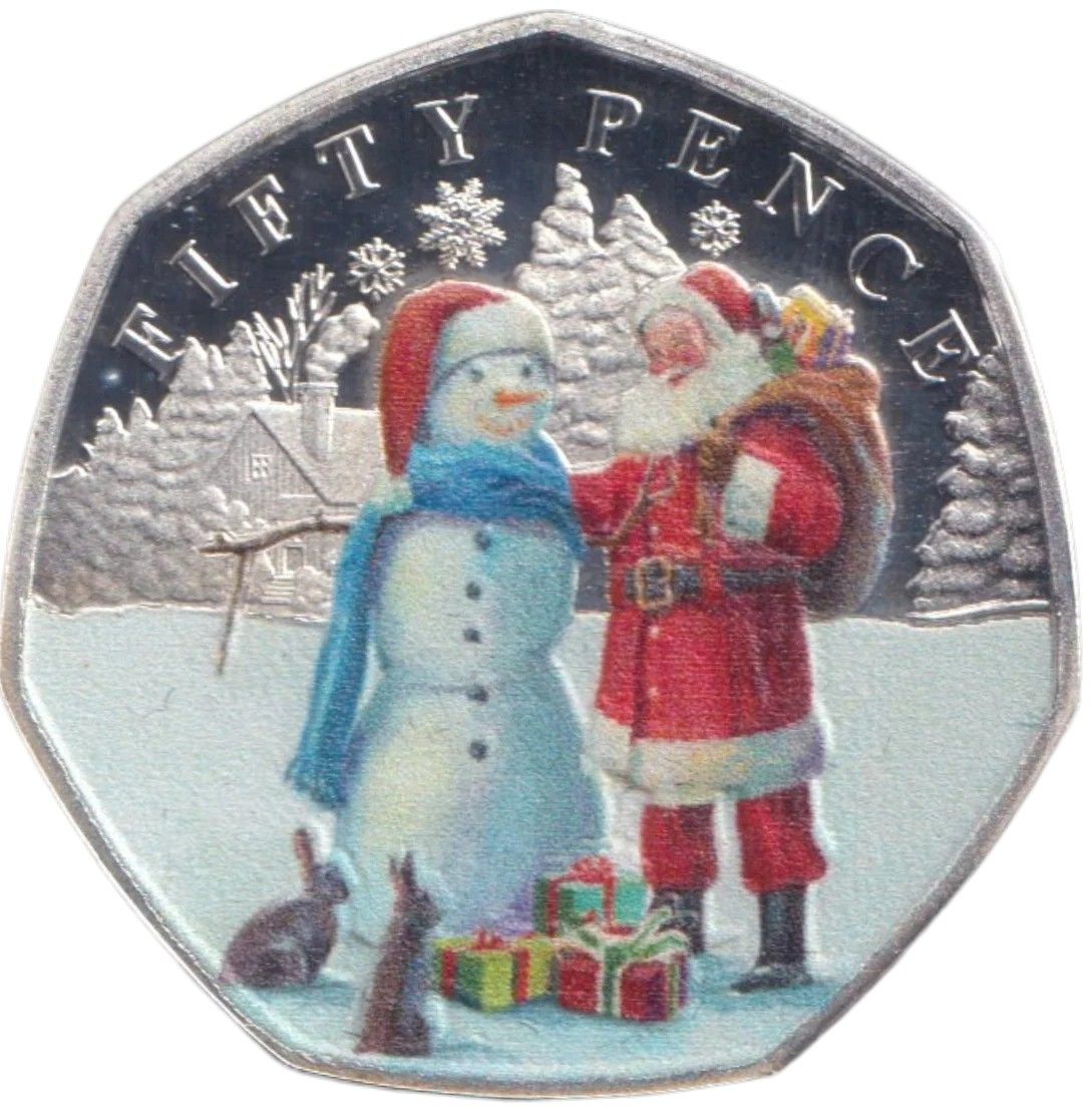 Guernsey 50 Pence - Charles III Christmas Snowmen - Father Christmas; Silver Proof Coloured reverse
