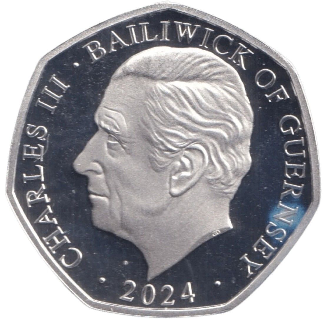 Guernsey 50 Pence - Charles III Christmas Snowmen - Bambi; Silver Proof Coloured obverse