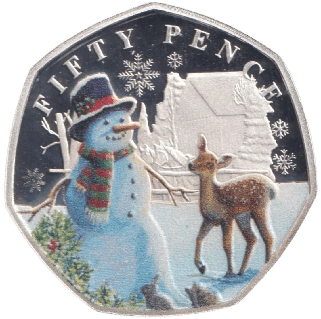 Guernsey 50 Pence - Charles III Christmas Snowmen - Bambi; Silver Proof Coloured reverse