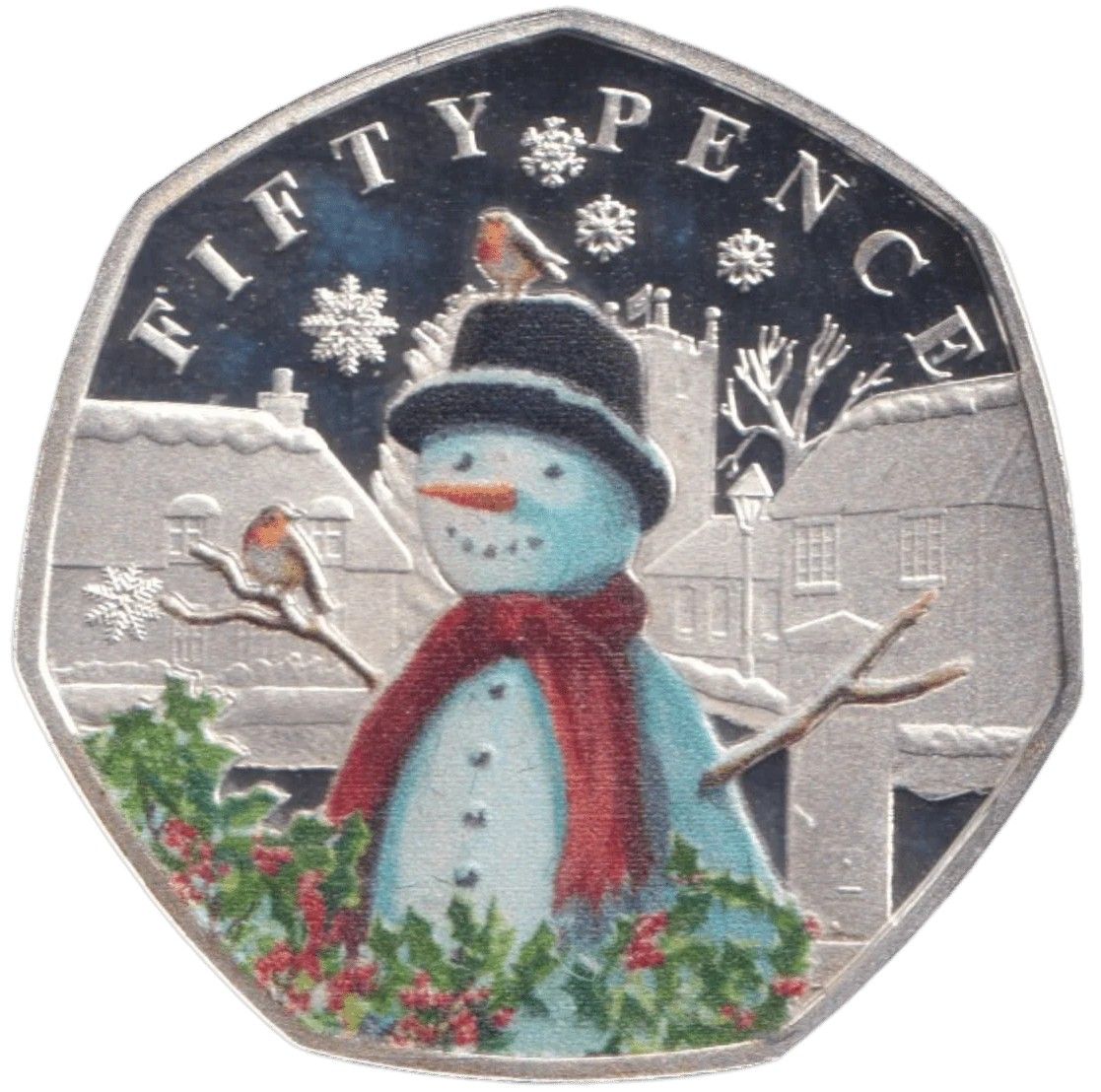 Guernsey 50 Pence - Charles III Christmas Snowmen - Robins; Silver Proof Coloured reverse