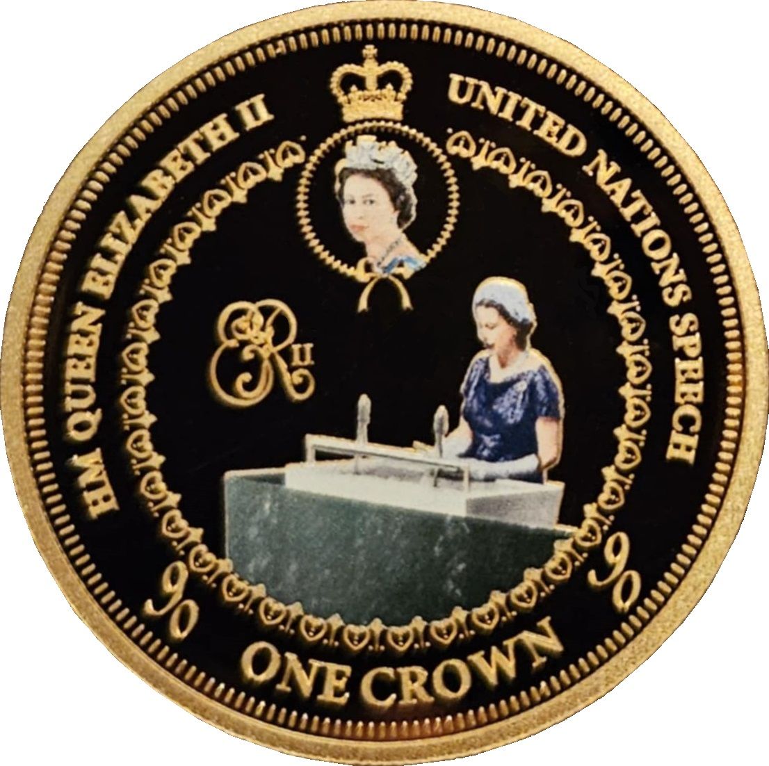 Tristan da Cunha 1 Crown - Elizabeth II 90th Birthday, United Nations Speech - Gold Plated reverse