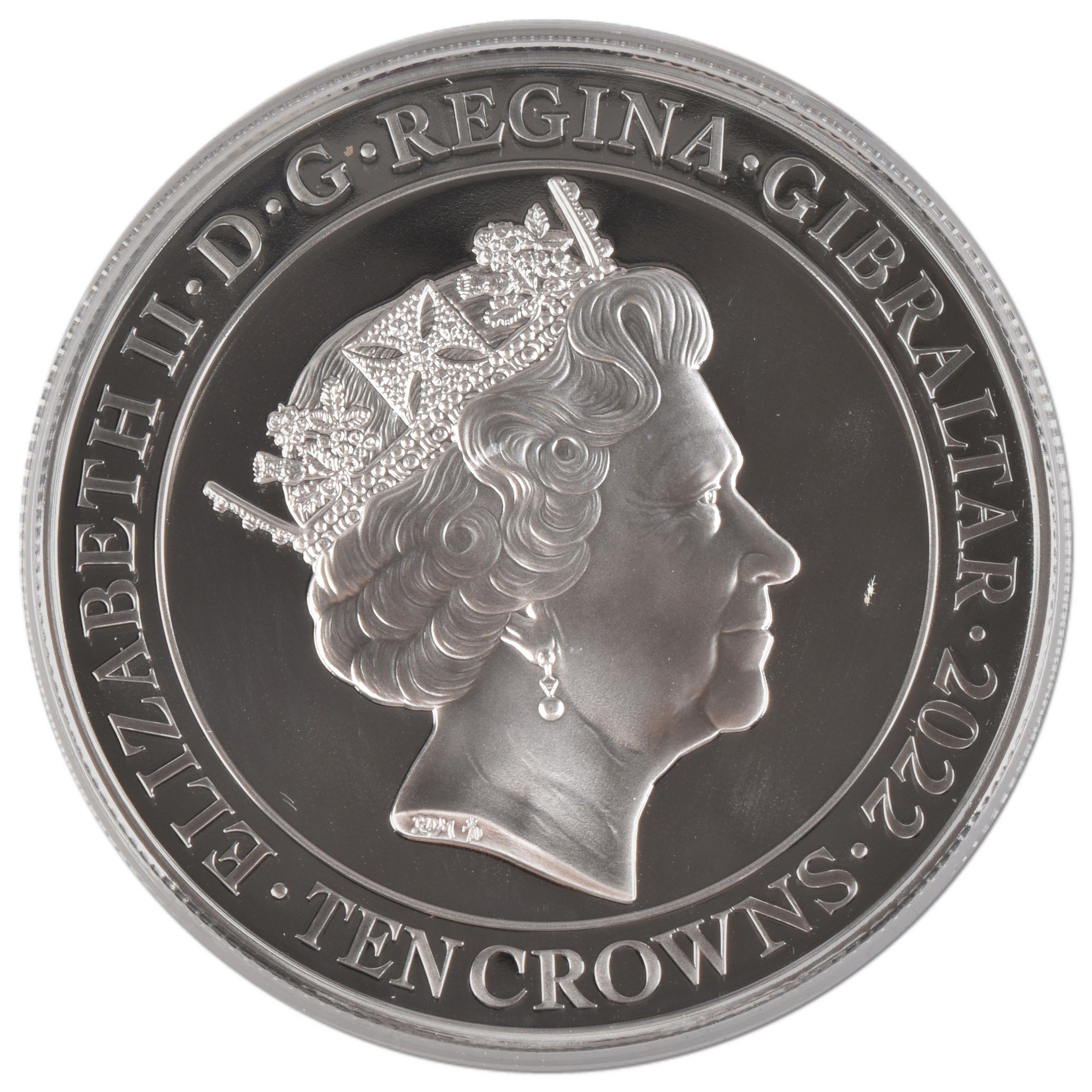 Gibraltar 10 Crowns - Elizabeth II Platinum Jubilee; Platinum plated obverse
