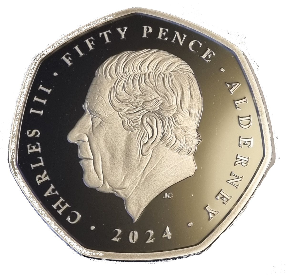 Alderney 50 Pence - Charles III Winston Churchill; Silver 1 oz. obverse