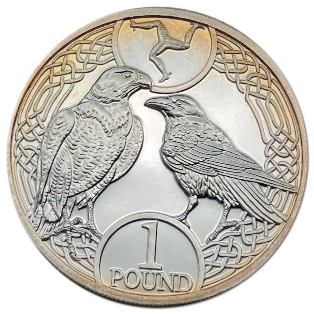 Isle of Man 1 Pound - Elizabeth II Peregrine Falcon and Raven; Silver Proof