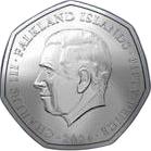Falkland Islands 50 Pence - Charles III Christmas - King Penguin; colourised obverse