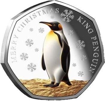 Falkland Islands 50 Pence - Charles III Christmas - King Penguin; colourised