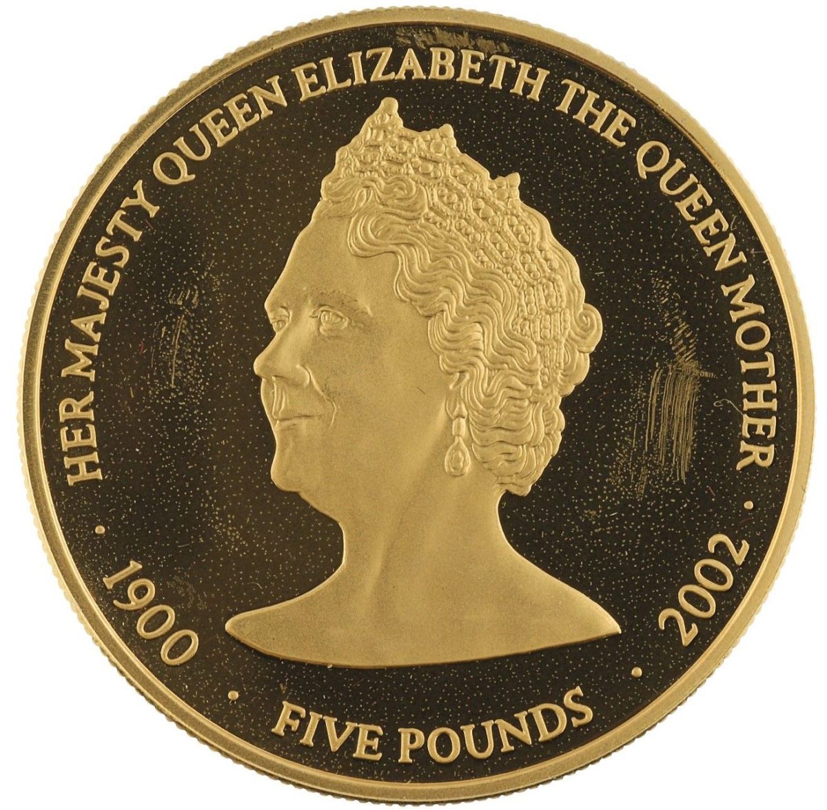 Guernsey 5 Pounds - Elizabeth II The Queen Mother; Gold Proof reverse