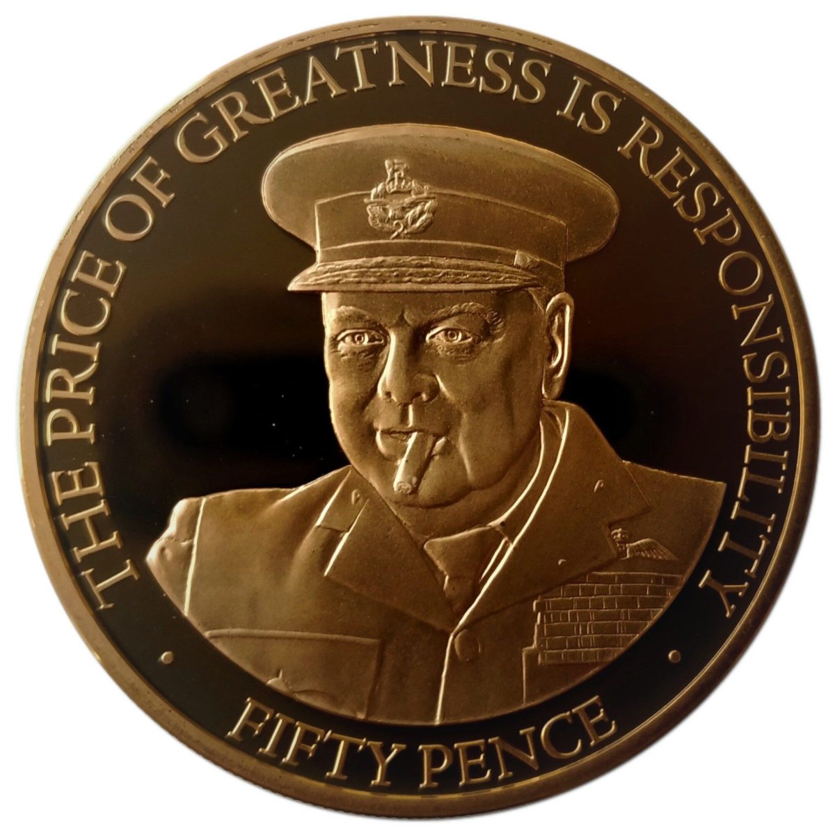 Guernsey 50 Pence - Elizabeth II Winston Churchill - in hat with cigar reverse