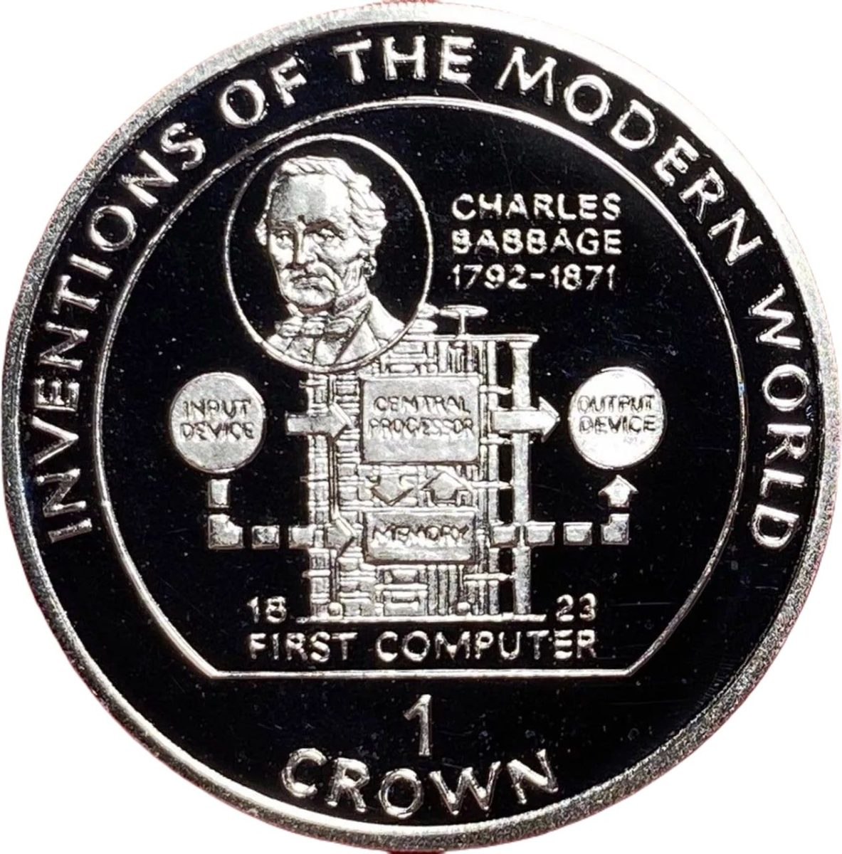 Isle of Man 1 Crown - Elizabeth II Charles Babbage - Central Processor; Silver Proof reverse
