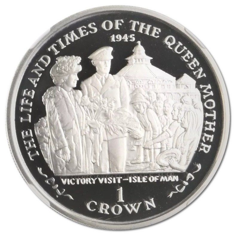 Isle of Man 1 Crown - Elizabeth II Queen Mother - Victory Visit; Silver Proof reverse