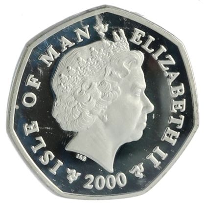 Isle of Man 50 Pence - Elizabeth II Calf of Man Crucifix; Silver Proof obverse