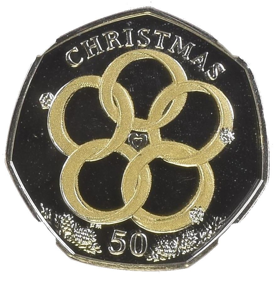 Isle of Man 50 Pence - Elizabeth II Christmas 2009; Silver Proof Colourised reverse