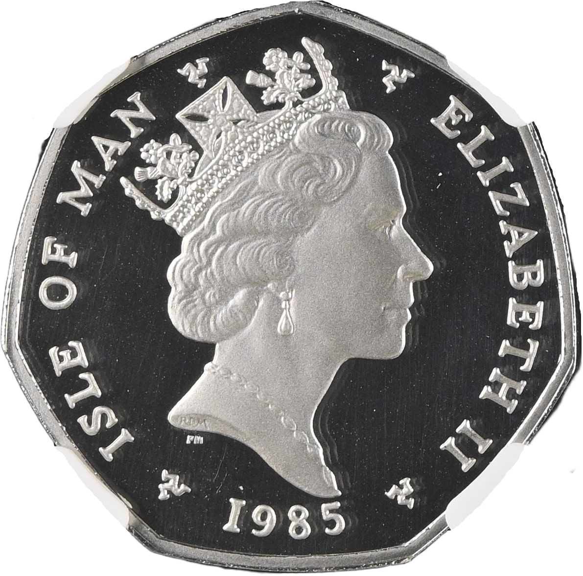 Isle of Man 50 Pence - Elizabeth II Christmas 1985; Platinum Proof obverse