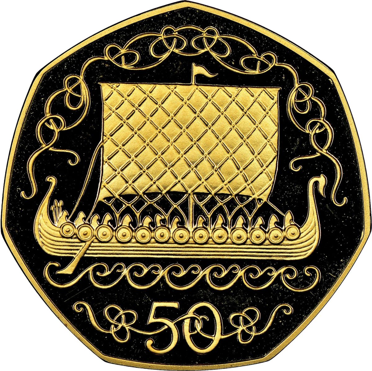 Isle of Man 50 Pence - Elizabeth II Viking Longship; Gold Proof reverse