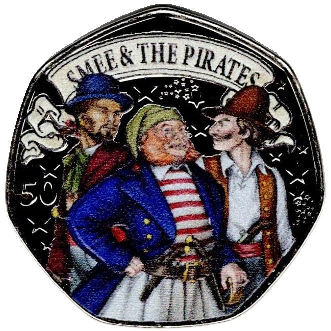 Isle of Man 50 Pence - Charles III Peter Pan - Smee and the Pirates; Coloured reverse