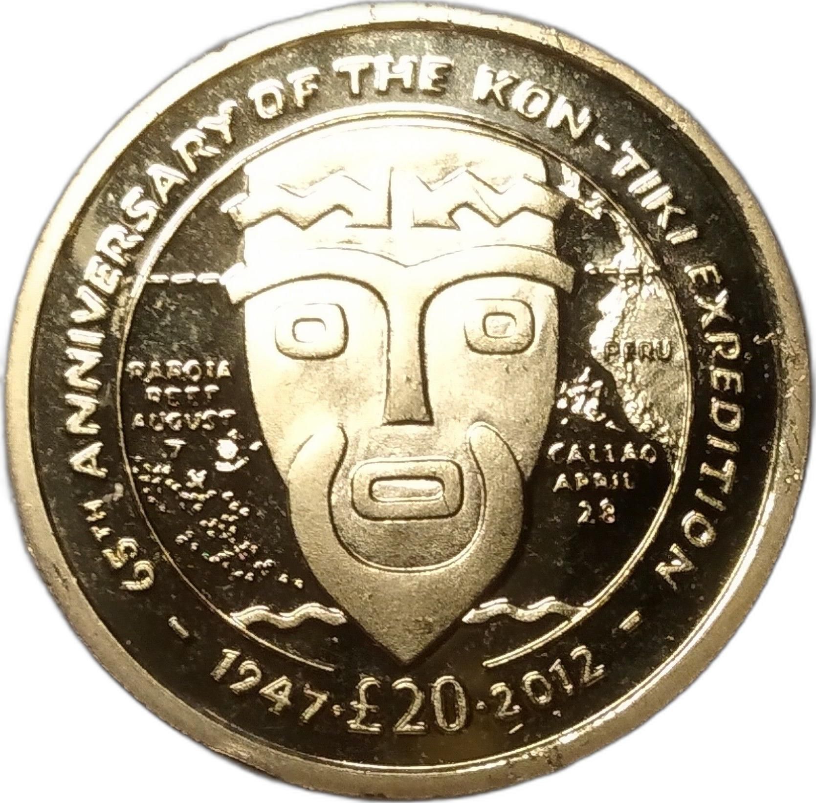 South Georgia and the South Sandwich Islands 20 Pounds - Elizabeth II Kon-Tiki; gold obverse