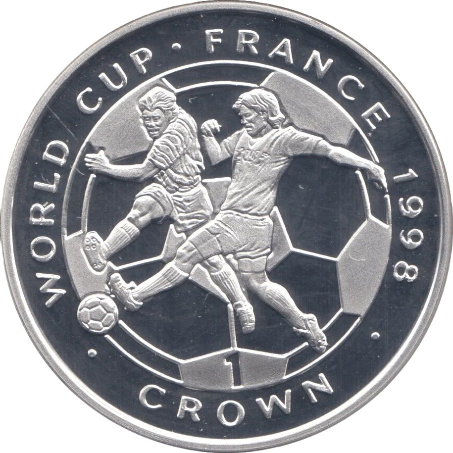 Isle of Man 1 Crown - Elizabeth II World Cup France - tackling for ball; Silver Proof reverse