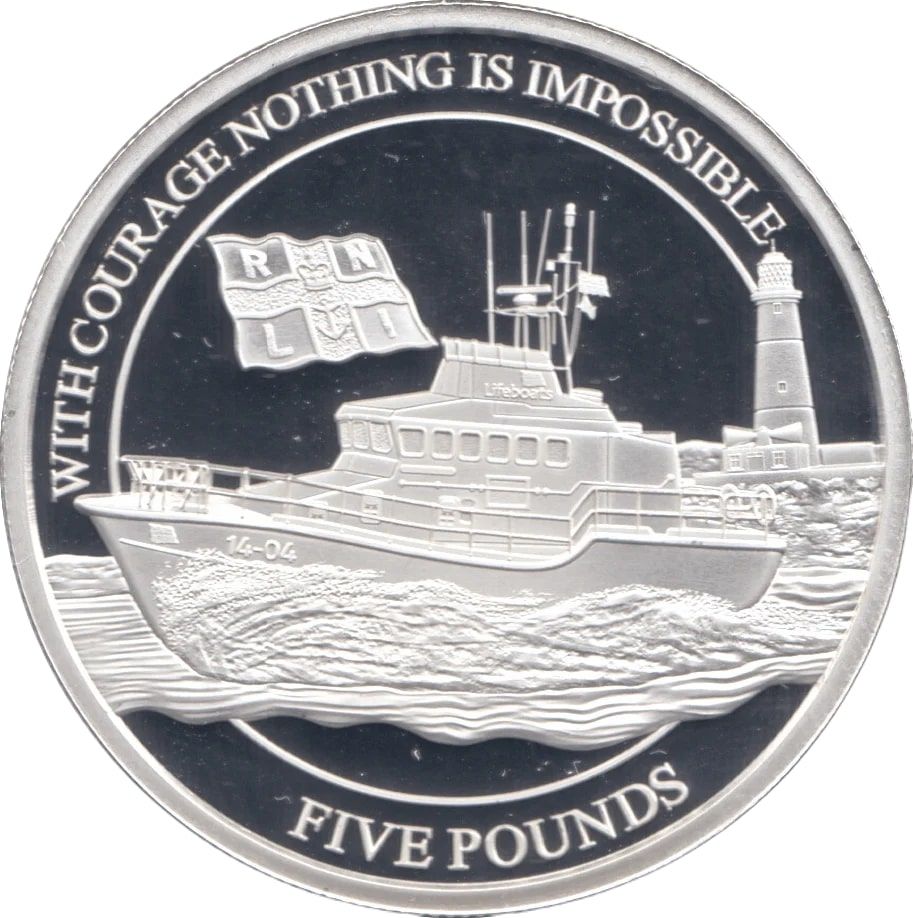 Alderney 5 Pounds - Elizabeth II RNLI; Roy Barker I; Silver Plated reverse