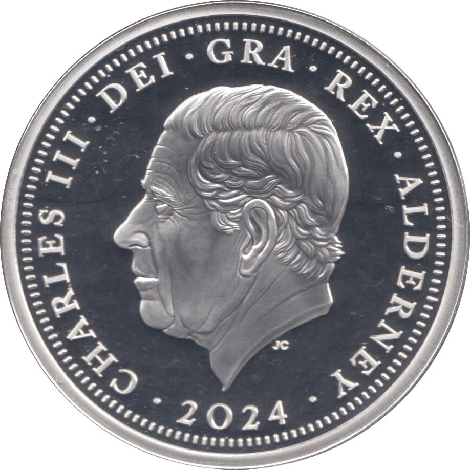 Alderney 5 Pounds - Charles III D-Day; Silver Proof obverse