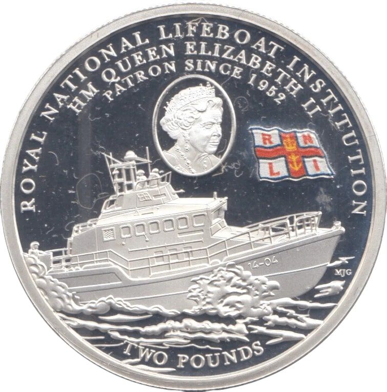 Alderney 2 Pounds - Elizabeth II RNLI - Roy Barker I and Queen; Silver Proof obverse