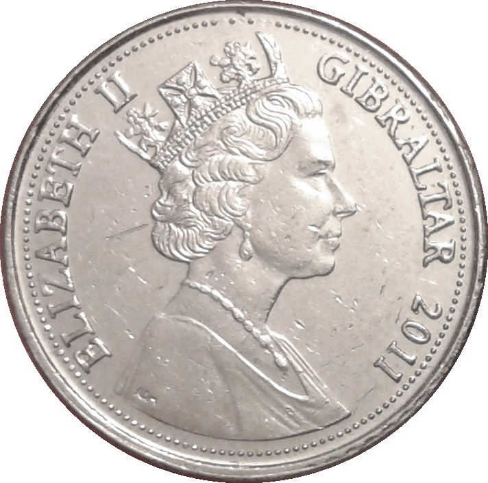 Gibraltar 5 Pence - Elizabeth II Barbary Macaque; bigger bust - redesigned obverse