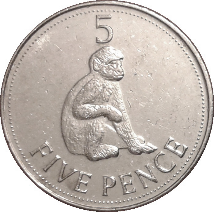 Gibraltar 5 Pence - Elizabeth II Barbary Macaque; bigger bust - redesigned
