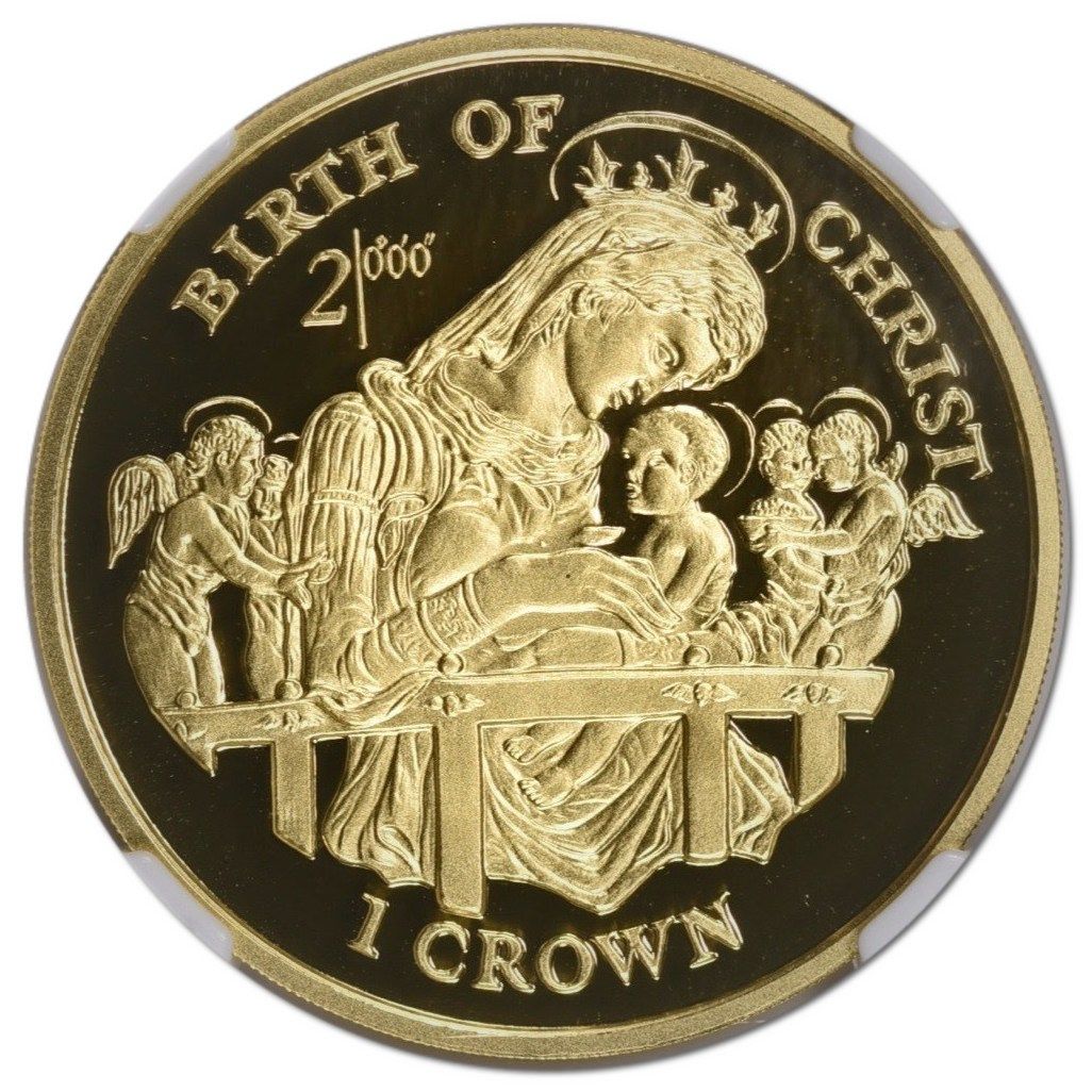 Isle of Man 1 Crown - Elizabeth II Birth of Christ; Gold Proof reverse
