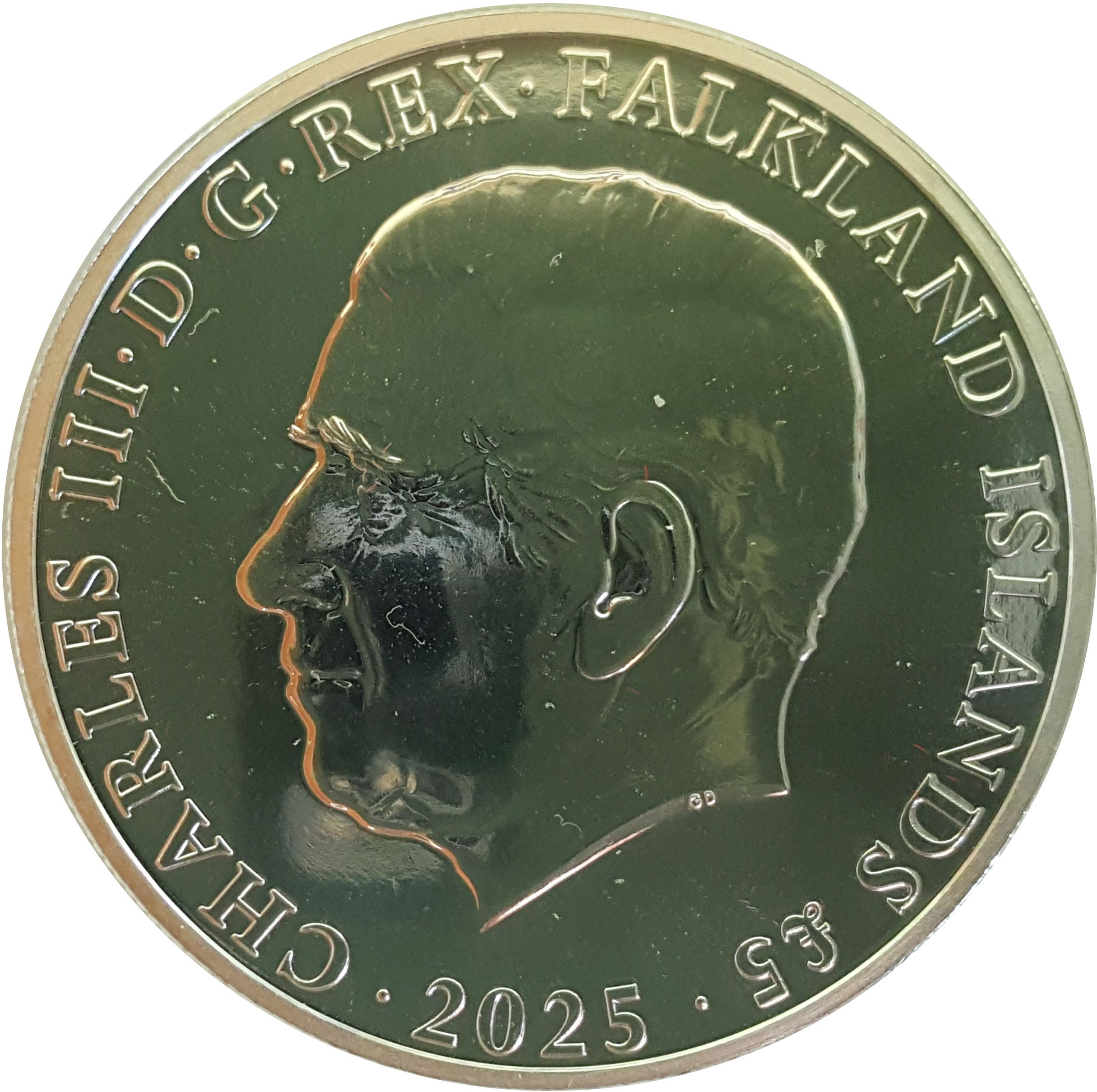 Falkland Islands 5 Pounds - Charles III King Penguin, silver obverse