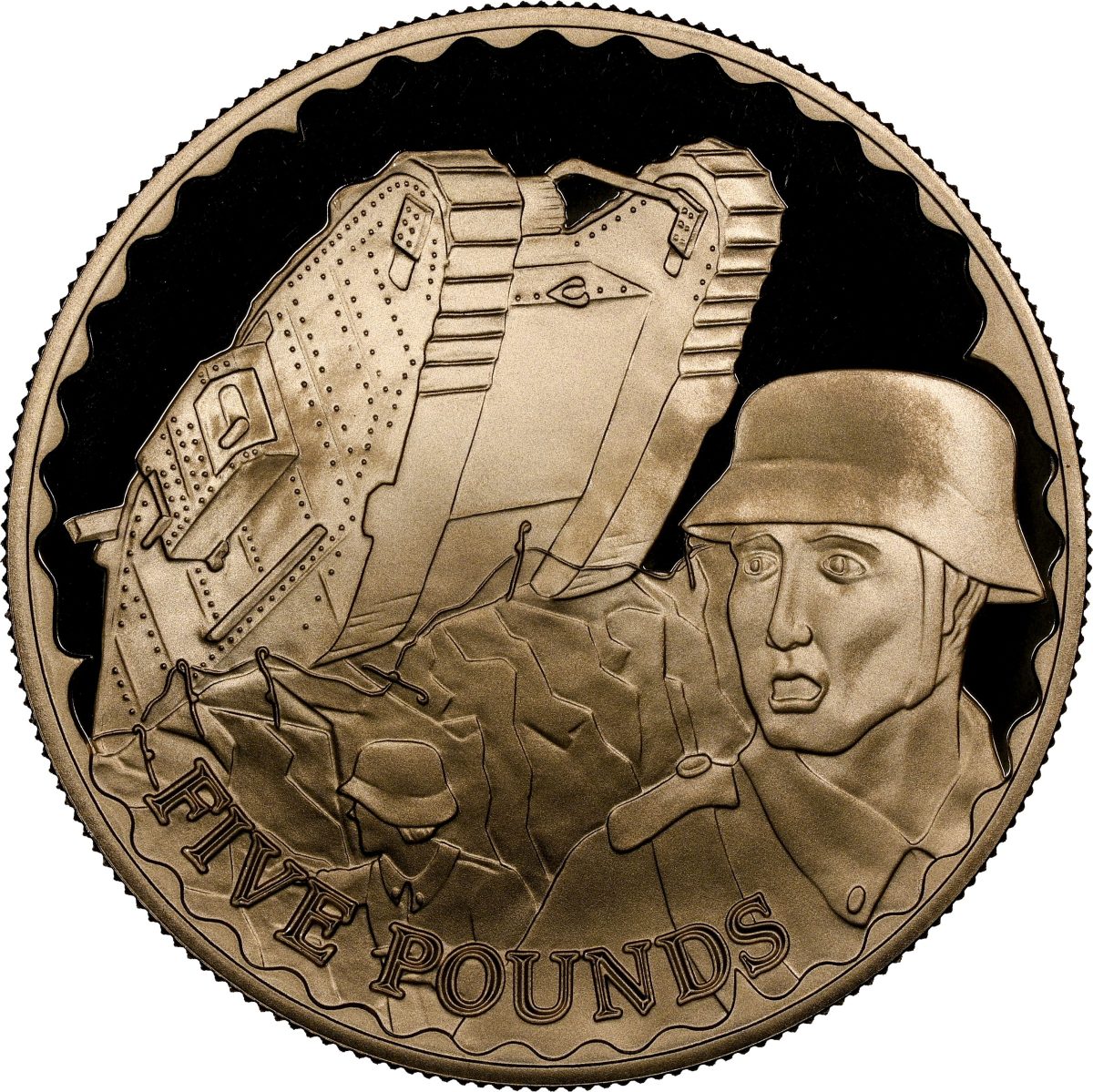 Alderney 5 Pounds - Elizabeth II End of World War I - Tanks; Gold reverse
