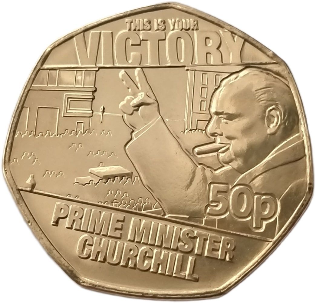Jersey 50 Pence - Charles III VE Day - Churchill; Gold plated reverse