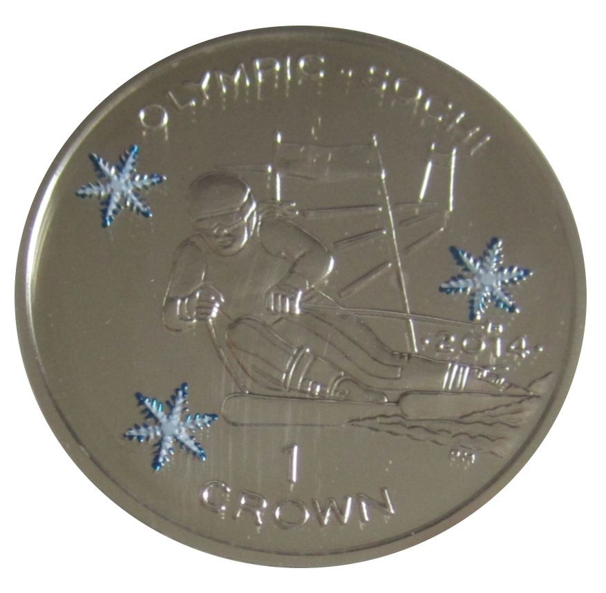 Isle of Man 1 Crown - Elizabeth II Alpine Skiing; Colourised Silver Proof