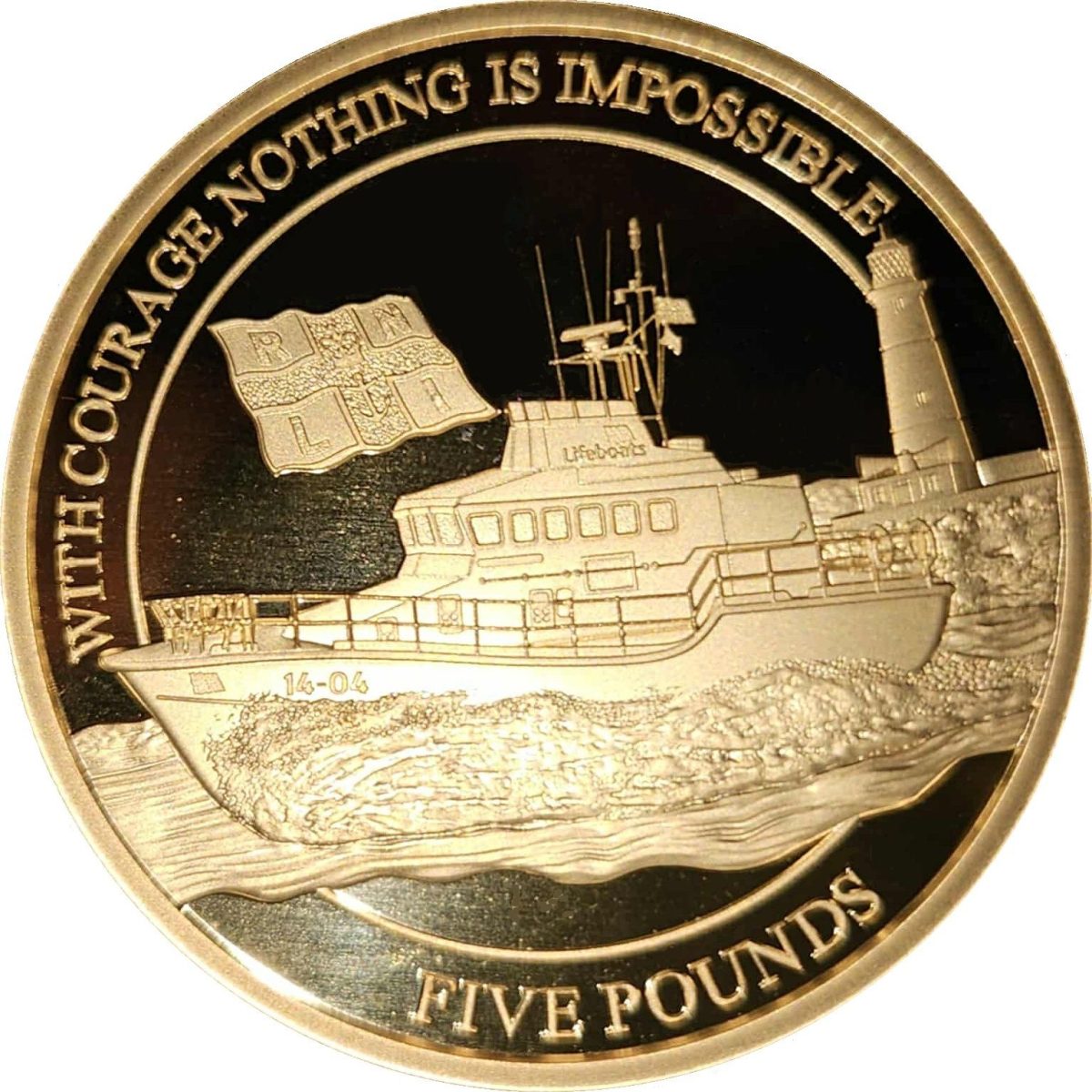 Alderney 5 Pounds - Elizabeth II RNLI; Roy Barker I; Gold Plated reverse
