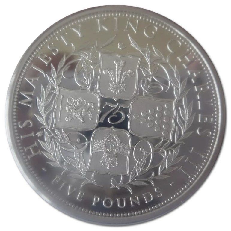 Guernsey 5 Pounds - Charles III King Charles III 75th Birthday; Silver Piedorf