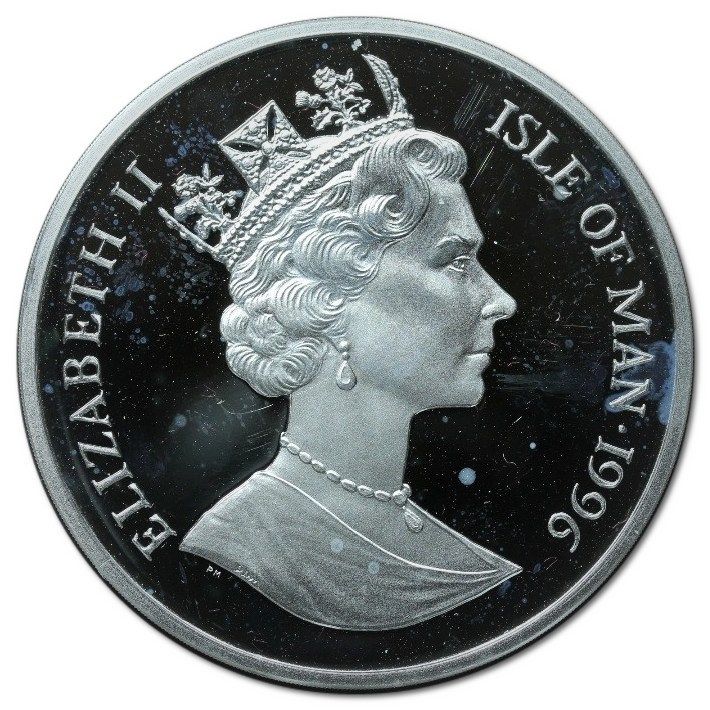 Isle of Man 5 Crowns - Elizabeth II King Arthur obverse