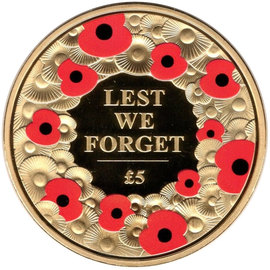 Jersey 5 Pounds - Elizabeth II Remembrance Day 2015; Gold Plated reverse