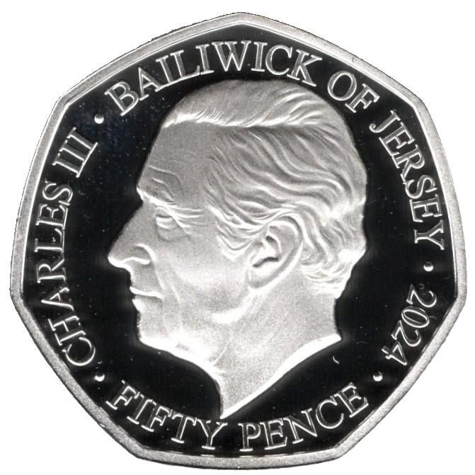 Jersey 50 Pence - Charles III Saint Andrew; Silver Proof obverse