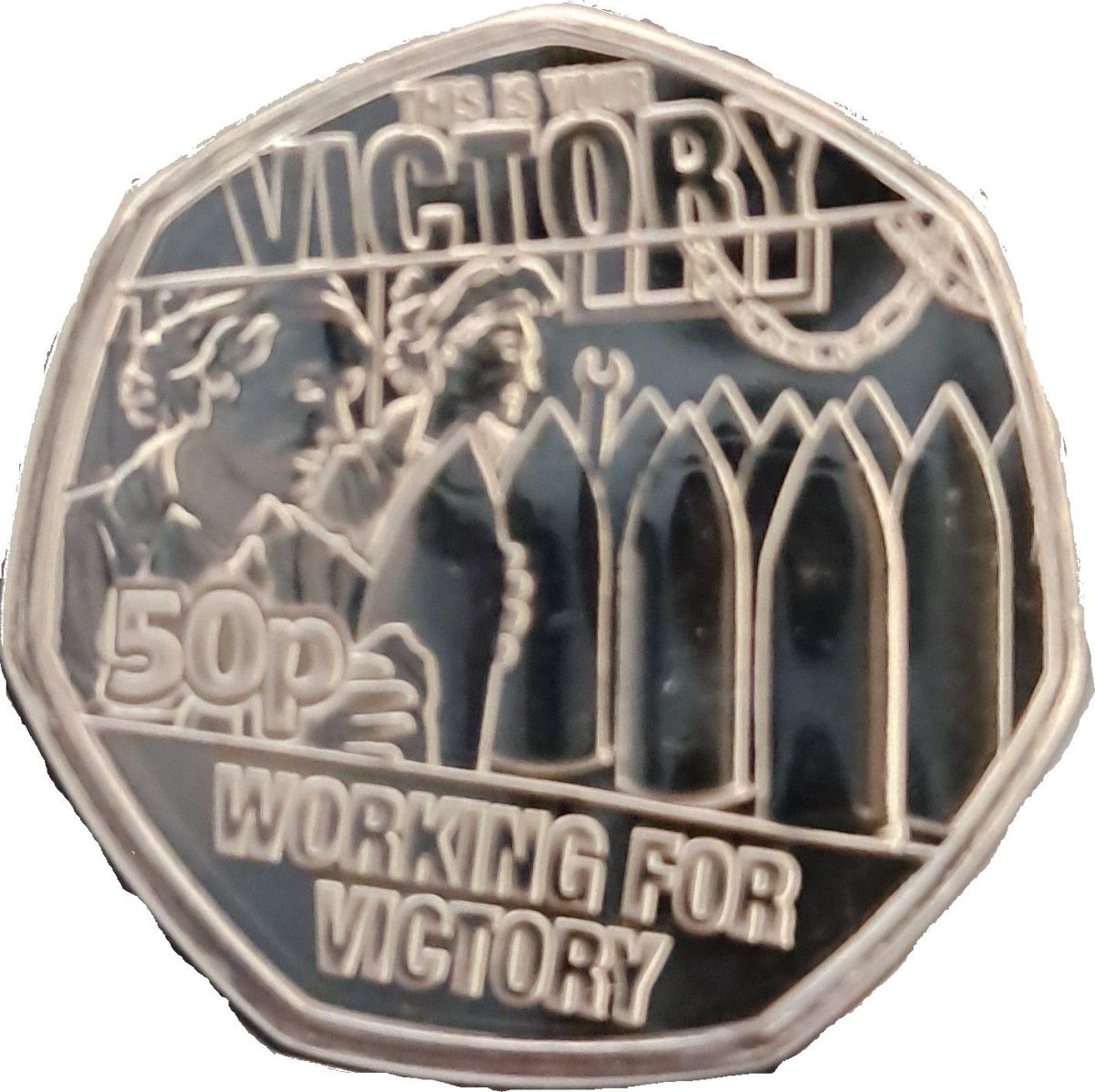 Guernsey 50 Pence - Charles III Working for Victory reverse