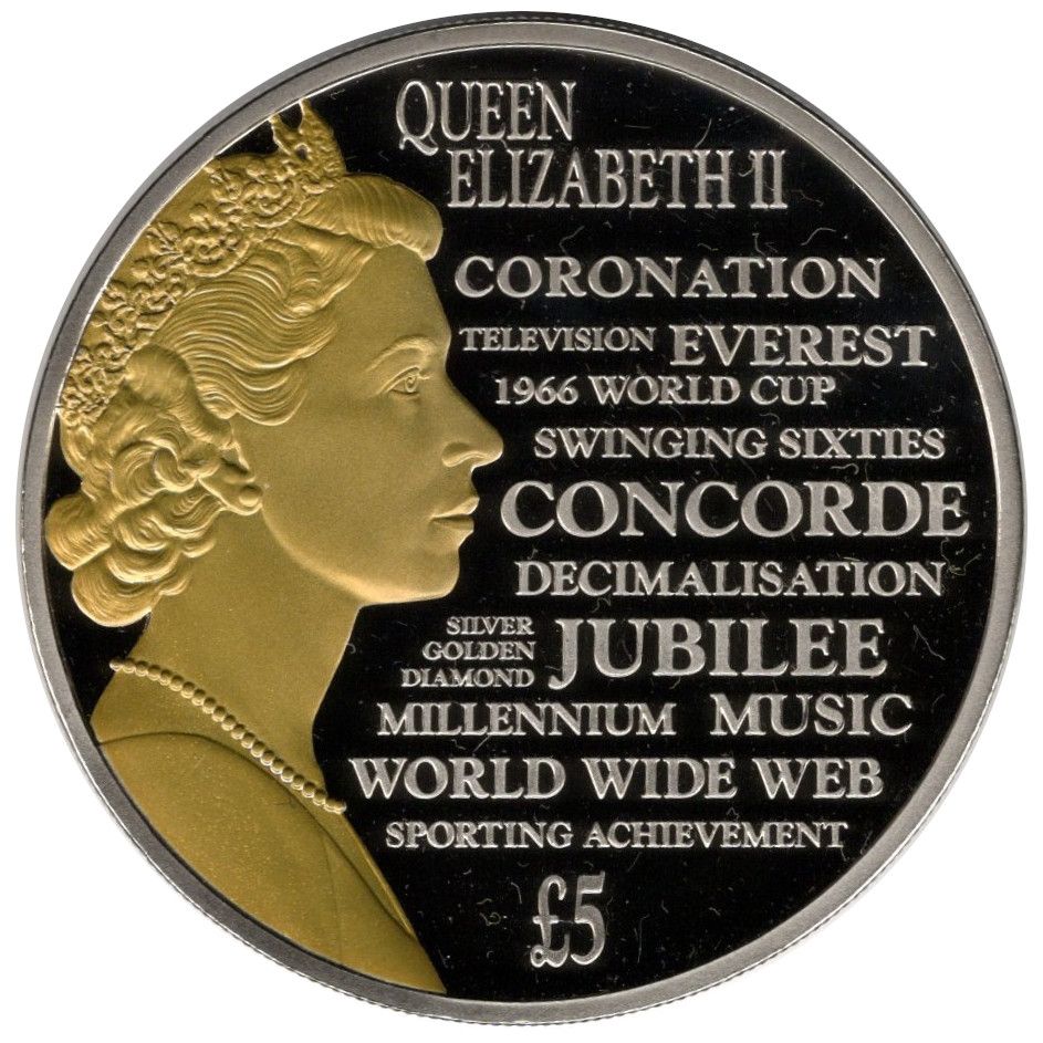 Guernsey 5 Pounds - Elizabeth II Reflections of a Reign; Gold Plated Portrait Reverse