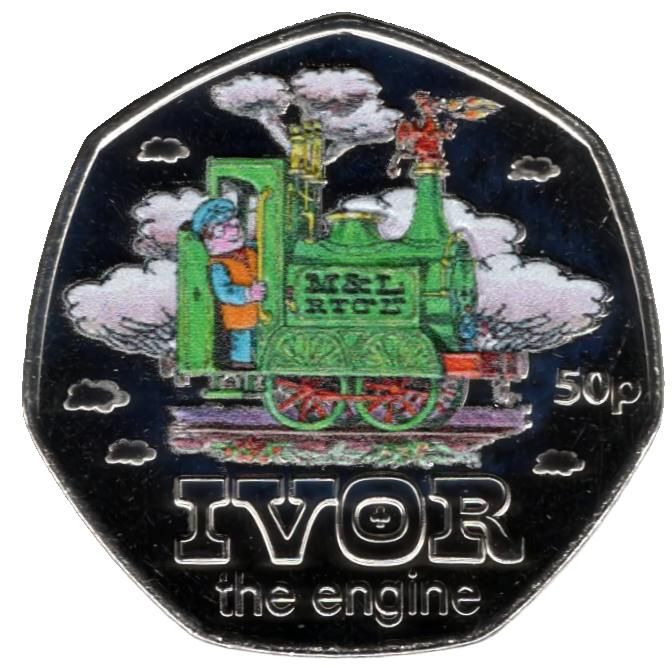 Guernsey 50 Pence - Charles III Classic Children's TV - Ivor the Engine; Colour obverse