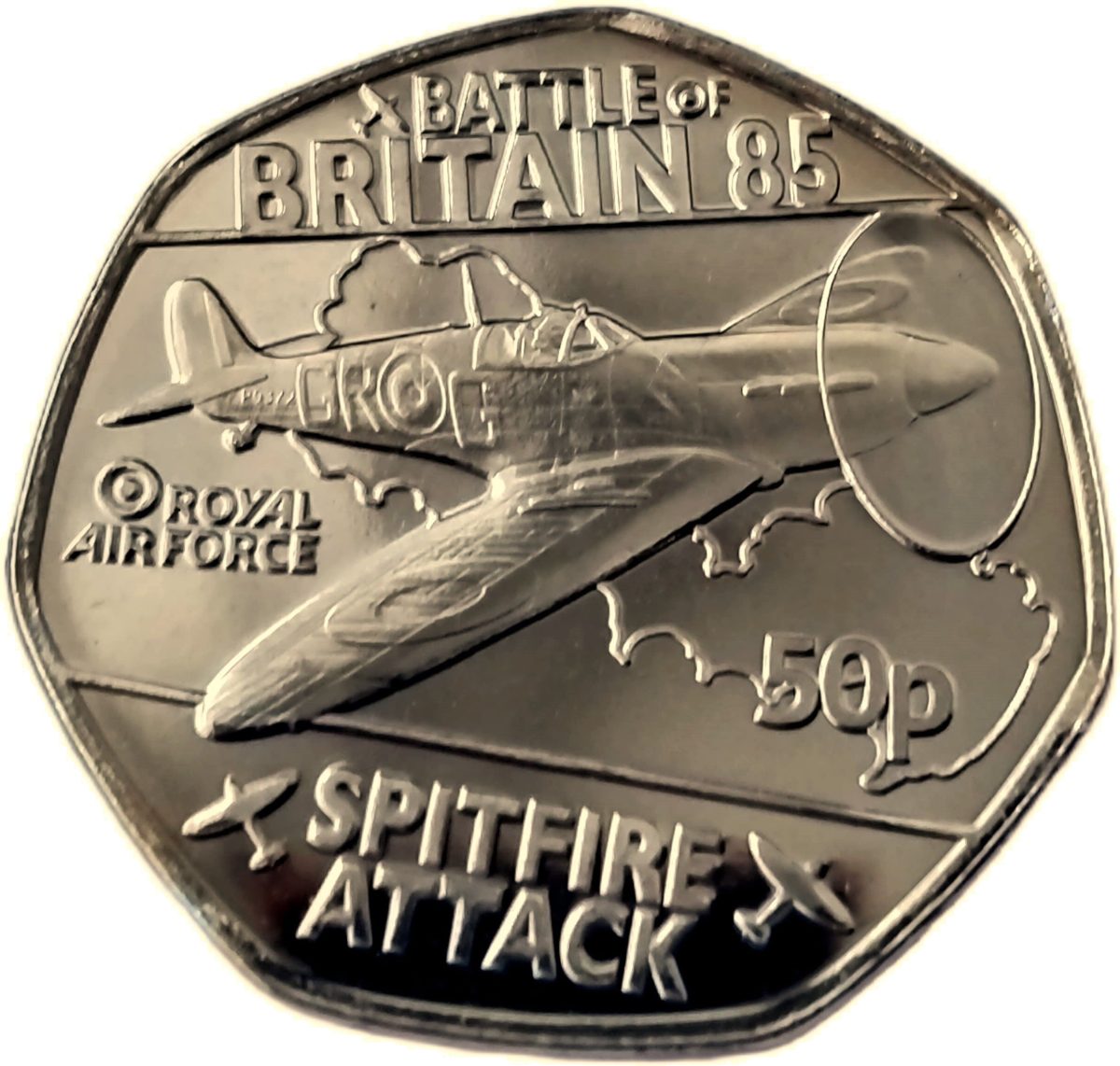Guernsey 50 Pence - Charles III Battle of Britain - Spitfire Attack; Gold plated reverse