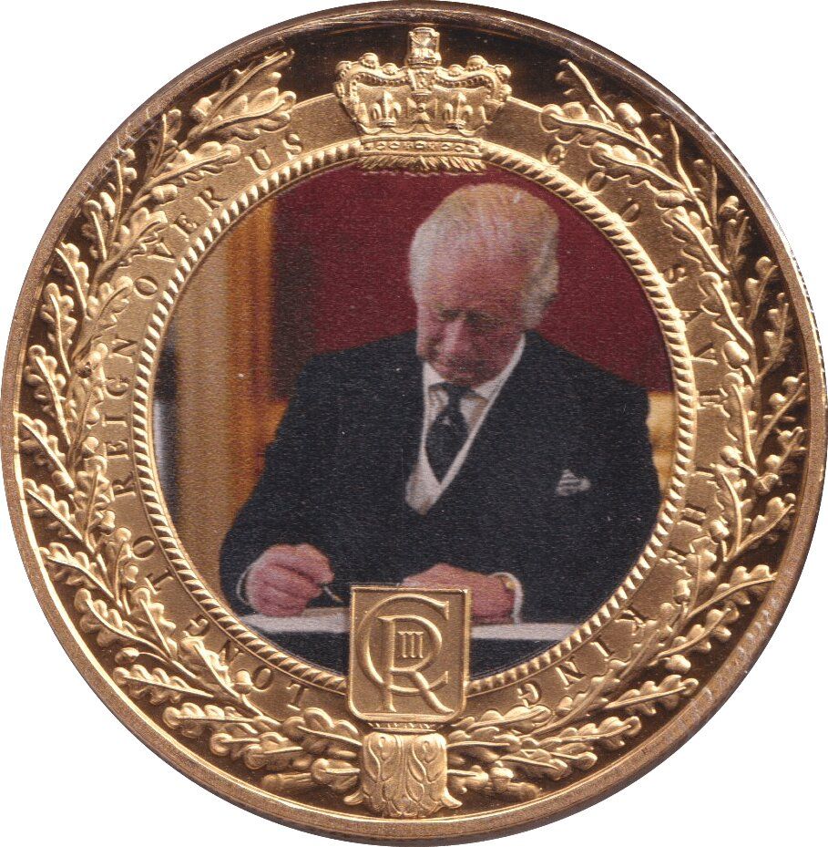 Gibraltar 1 Crown - Charles III King Charles III - signing documents reverse