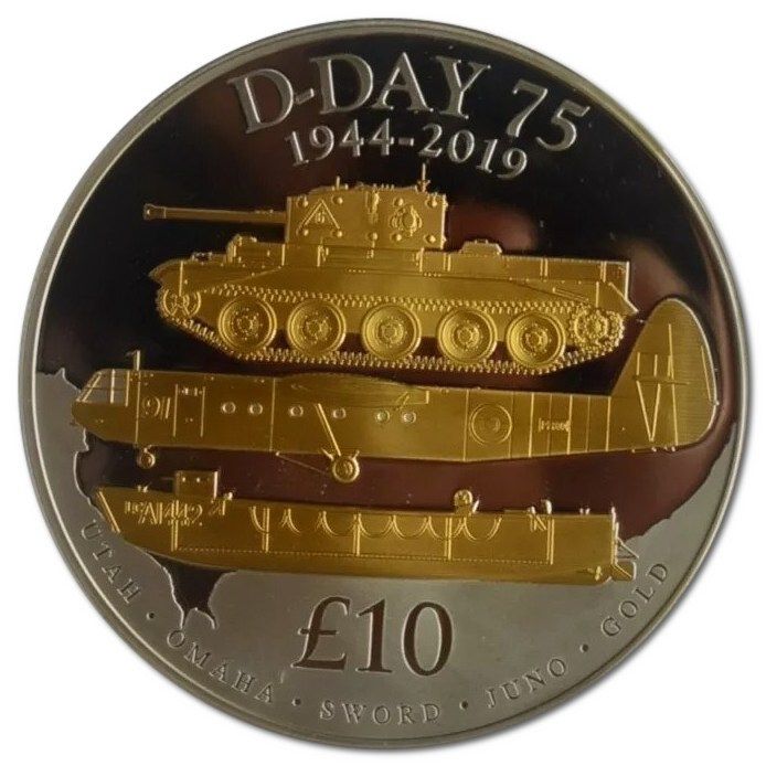 Guernsey 10 Pounds - Elizabeth II 75th anniversary of D-Day; Silver Proof