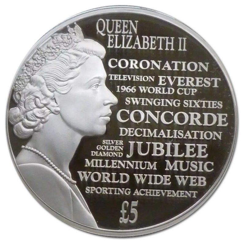 Guernsey 5 Pounds - Elizabeth II Reflections of a Reign; Silver Proof reverse