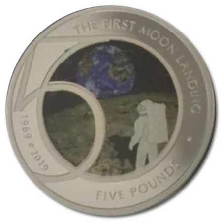 Alderney 5 Pounds - Elizabeth II Moon Landing; Silver plated coloured reverse