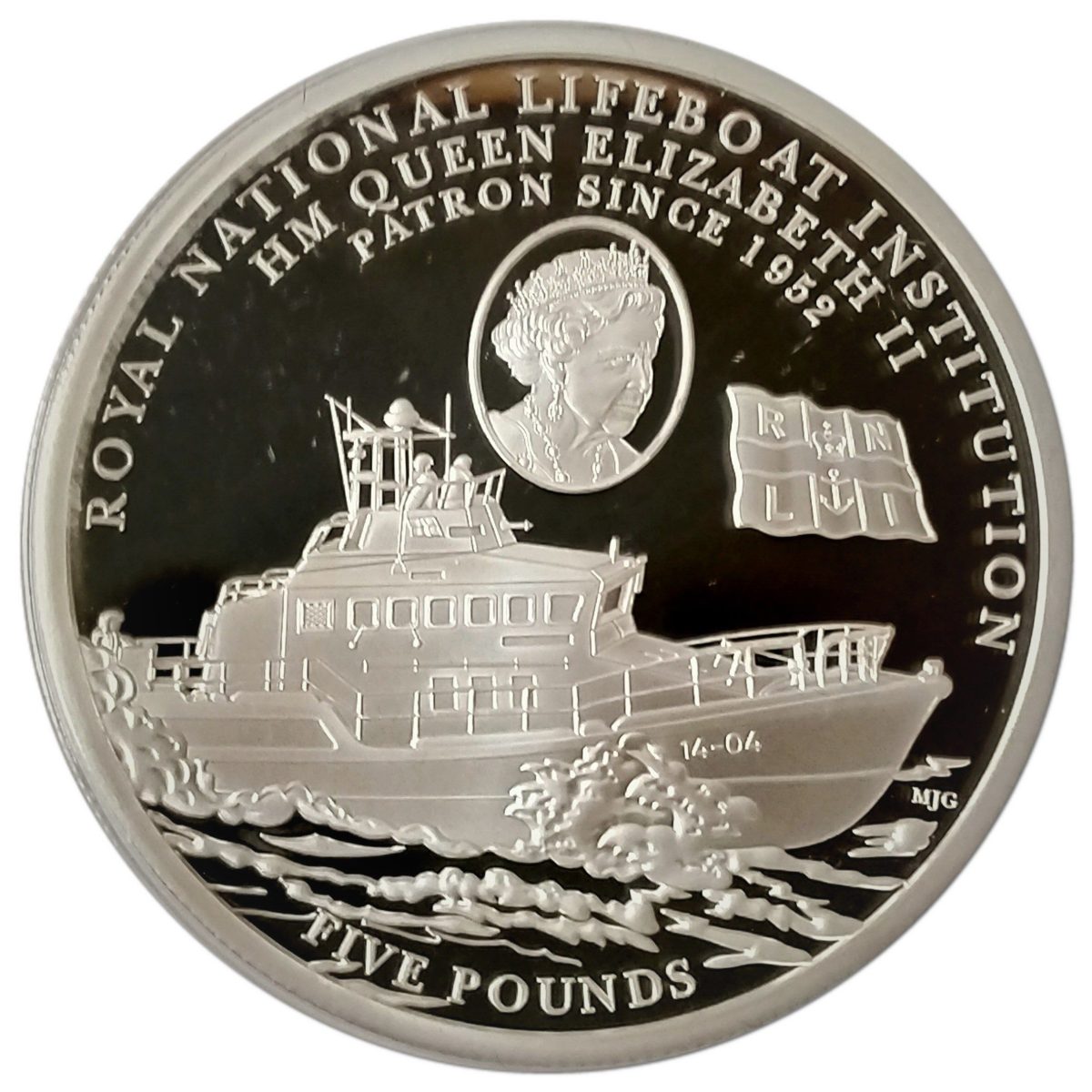 Alderney 5 Pounds - Elizabeth II RNLI; Roy Barker I and Queen; Silver plated reverse