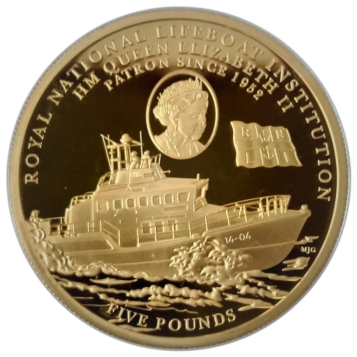 Alderney 5 Pounds - Elizabeth II RNLI; Roy Barker I and Queen; Gold plated reverse